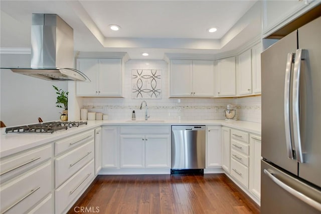 2486 Napoli Way, Costa Mesa, CA 92627 - kitchen featuring appliances with stainless steel finishes, ventilation hood, a sink, light countertops, and recessed lighting
