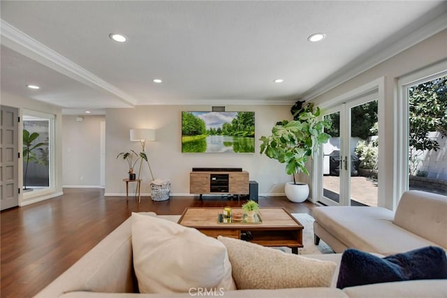 2486 Napoli Way, Costa Mesa, CA 92627 - living area featuring french doors, wood finished floors, crown molding, recessed lighting, and baseboards