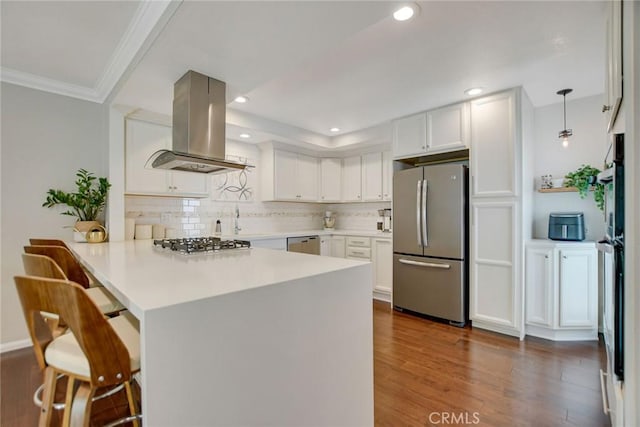 2486 Napoli Way, Costa Mesa, CA 92627 - kitchen with appliances with stainless steel finishes, island exhaust hood, a peninsula, a kitchen breakfast bar, and dark wood-type flooring