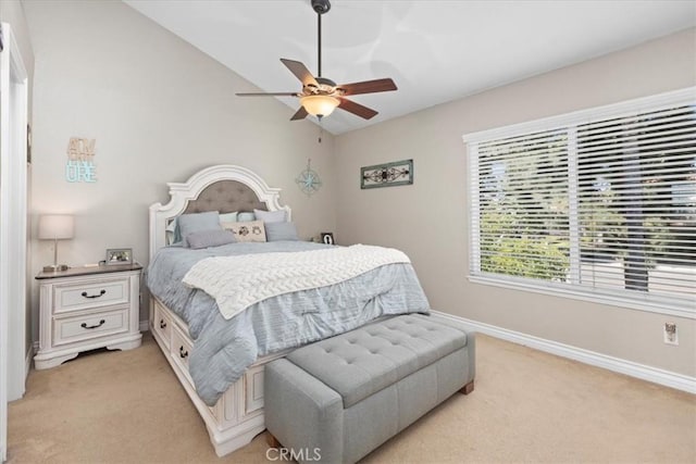 6600 Montresor Pl, Rancho Cucamonga, CA 91737 - bedroom with light carpet, baseboards, vaulted ceiling, and a ceiling fan
