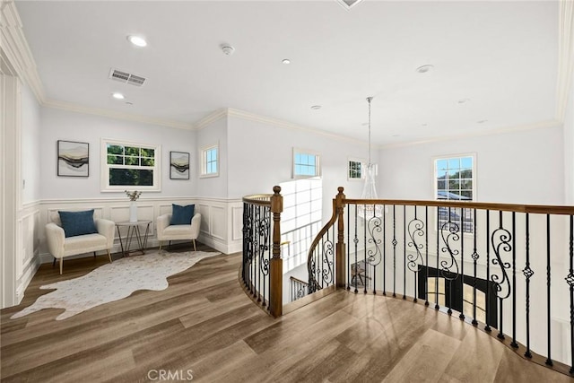 4840 Temple City Blvd, Temple City, CA 91780 - sitting room with wood finished floors, an upstairs landing, crown molding, wainscoting, and recessed lighting
