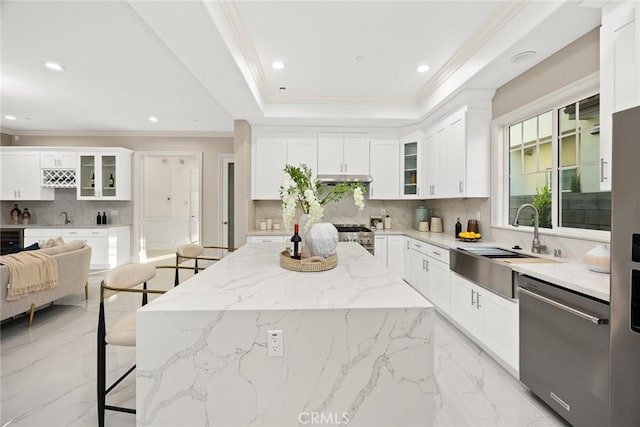 4840 Temple City Blvd, Temple City, CA 91780 - kitchen with appliances with stainless steel finishes, light marble finish floors, recessed lighting, backsplash, and glass insert cabinets