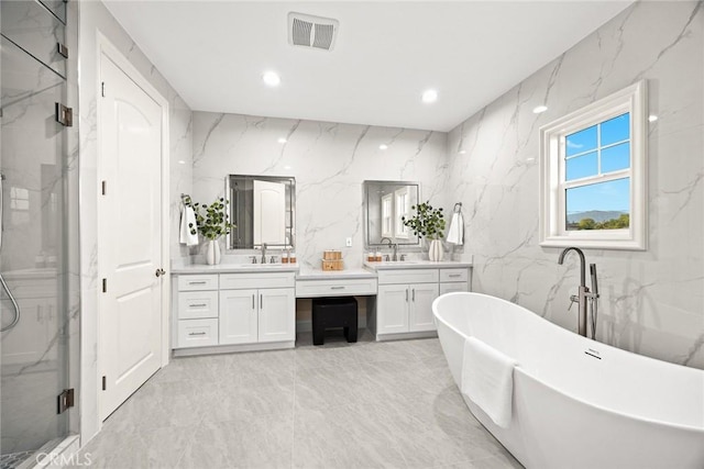 4840 Temple City Blvd, Temple City, CA 91780 - full bathroom with vanity, a marble finish shower, marble tiled flooring, a freestanding bath, and recessed lighting