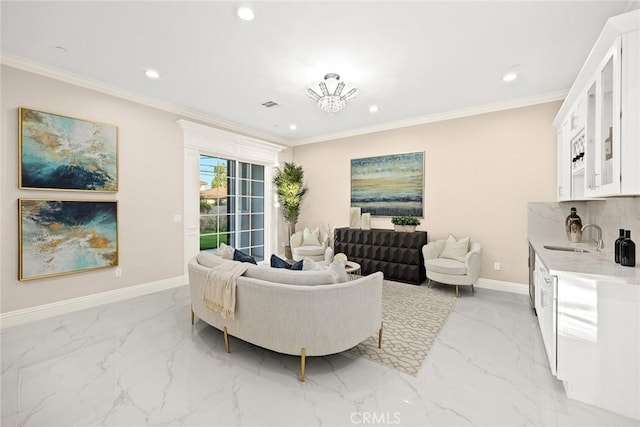 4840 Temple City Blvd, Temple City, CA 91780 - living room with light marble finish flooring, recessed lighting, baseboards, and crown molding