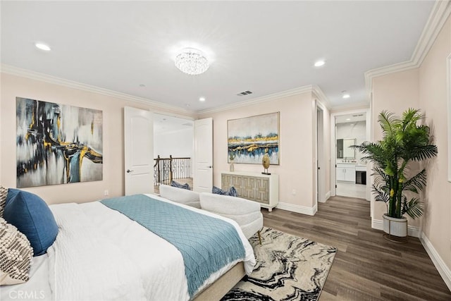 4840 Temple City Blvd, Temple City, CA 91780 - bedroom featuring baseboards, wood finished floors, recessed lighting, crown molding, and ensuite bath