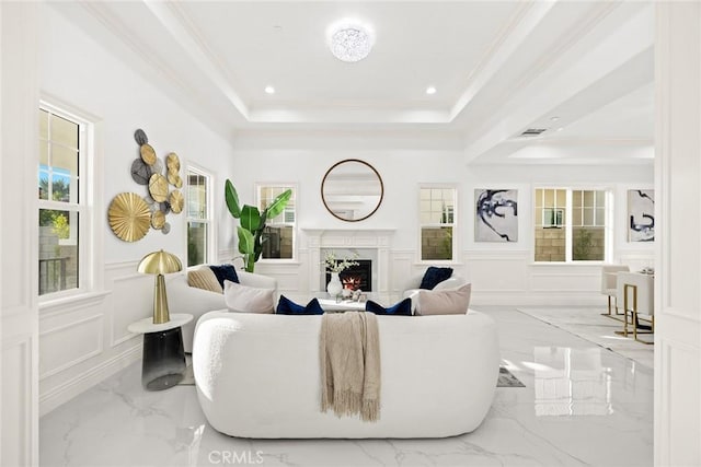 4840 Temple City Blvd, Temple City, CA 91780 - living room with a decorative wall, marble tiled floors, healthy amount of natural light, a raised ceiling, and a wainscoted wall