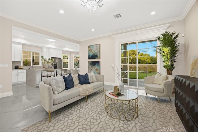 4840 Temple City Blvd, Temple City, CA 91780 - living room with recessed lighting, crown molding, plenty of natural light, baseboards, and a chandelier