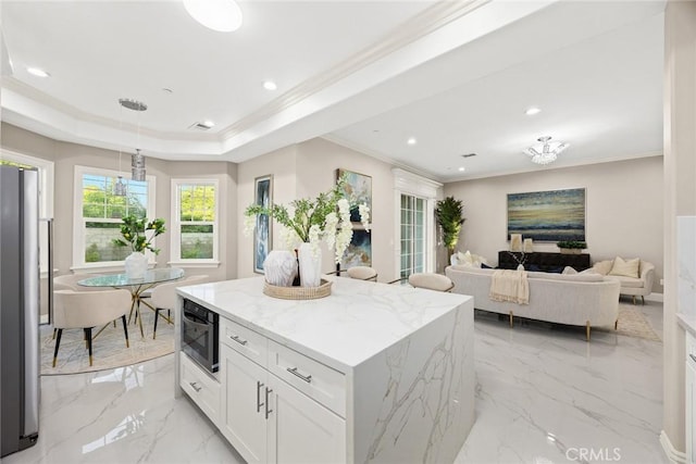 4840 Temple City Blvd, Temple City, CA 91780 - kitchen with crown molding, freestanding refrigerator, light stone countertops, white cabinets, and hanging light fixtures