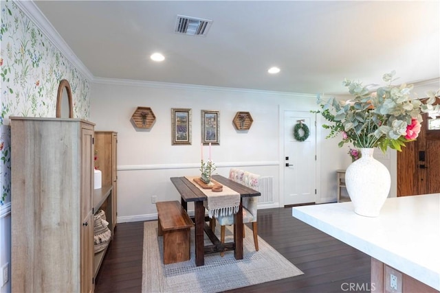 6903 E Driscoll St, Long Beach, CA 90815 - dining area with ornamental molding, dark wood-type flooring, baseboards, and recessed lighting
