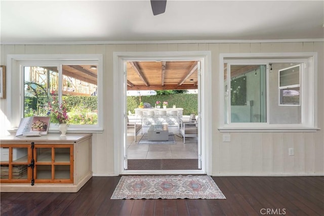 6903 E Driscoll St, Long Beach, CA 90815 - entryway with dark wood-style flooring, plenty of natural light, a ceiling fan, and wooden walls