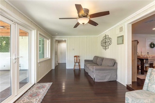 6903 E Driscoll St, Long Beach, CA 90815 - living room featuring ornamental molding, hardwood / wood-style flooring, and a ceiling fan