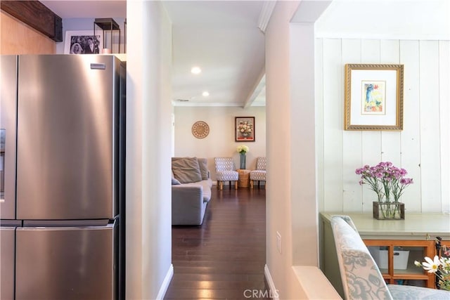 6903 E Driscoll St, Long Beach, CA 90815 - hallway featuring dark wood-style floors, ornamental molding, recessed lighting, and baseboards