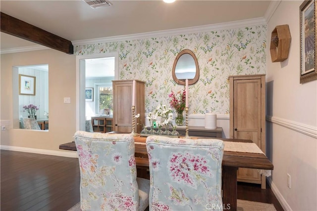 6903 E Driscoll St, Long Beach, CA 90815 - dining room with dark wood finished floors, ornamental molding, beam ceiling, baseboards, and wallpapered walls