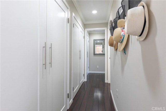 6903 E Driscoll St, Long Beach, CA 90815 - hall with baseboards, crown molding, dark wood-style flooring, and recessed lighting