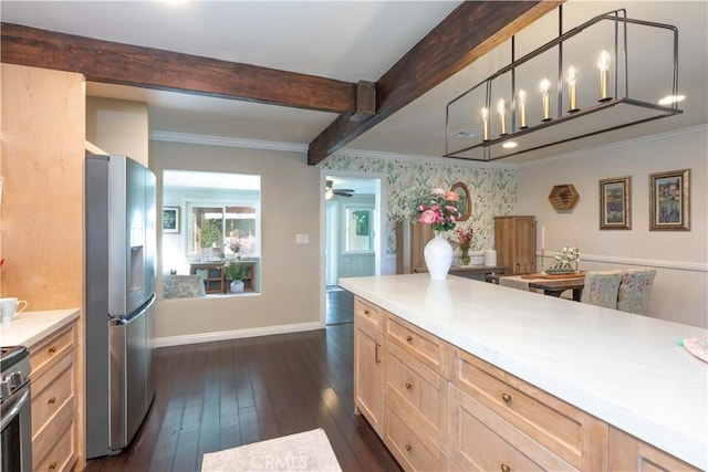 6903 E Driscoll St, Long Beach, CA 90815 - kitchen with stainless steel fridge with ice dispenser, baseboards, dark wood-type flooring, light countertops, and ornamental molding