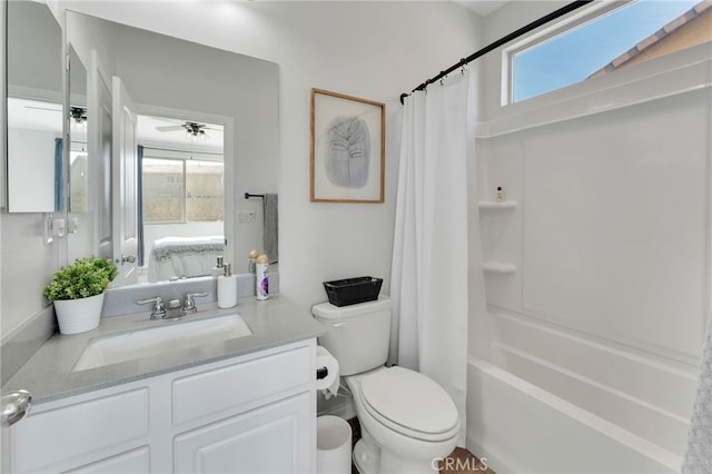 4777 Magnum Way, Jurupa Valley, CA 91752 - full bath featuring toilet, ensuite bath, vanity, ceiling fan, and shower / tub combo with curtain
