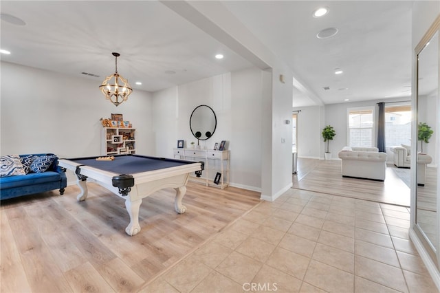 4777 Magnum Way, Jurupa Valley, CA 91752 - game room with recessed lighting, pool table, light tile patterned flooring, baseboards, and a chandelier