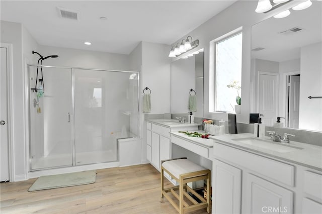 4777 Magnum Way, Jurupa Valley, CA 91752 - full bathroom featuring a stall shower, wood finished floors, and double vanity