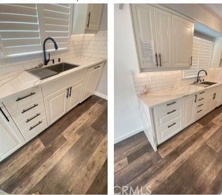 1741 Tustin Ave Unit 5, Costa Mesa, CA 92627 - kitchen with a sink, dark wood finished floors, decorative backsplash, and light countertops