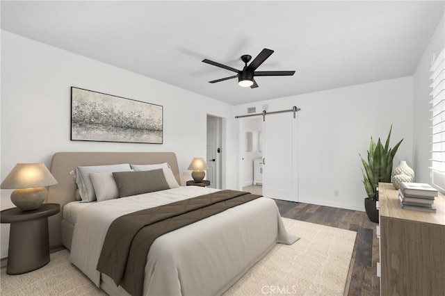 1741 Tustin Ave Unit 2A, Costa Mesa, CA 92627 - bedroom featuring a barn door, wood finished floors, and ceiling fan