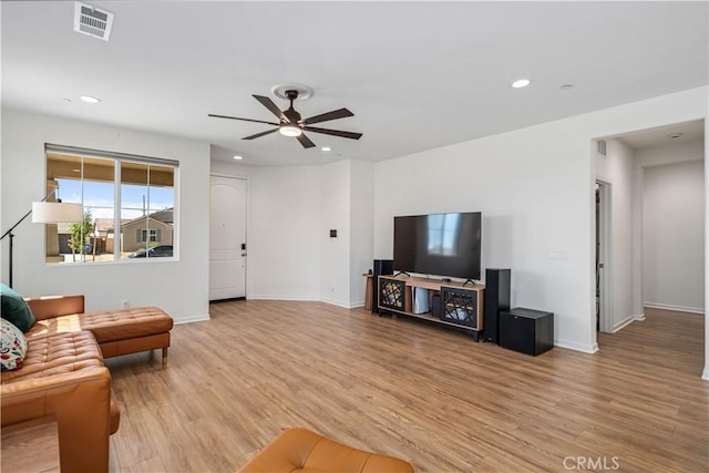 3615 Santa Monica Ct, Rosamond, CA 93560 - living room with a ceiling fan, light wood finished floors, and recessed lighting