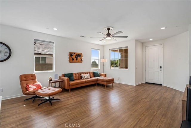 3615 Santa Monica Ct, Rosamond, CA 93560 - living room with a ceiling fan, wood finished floors, and recessed lighting
