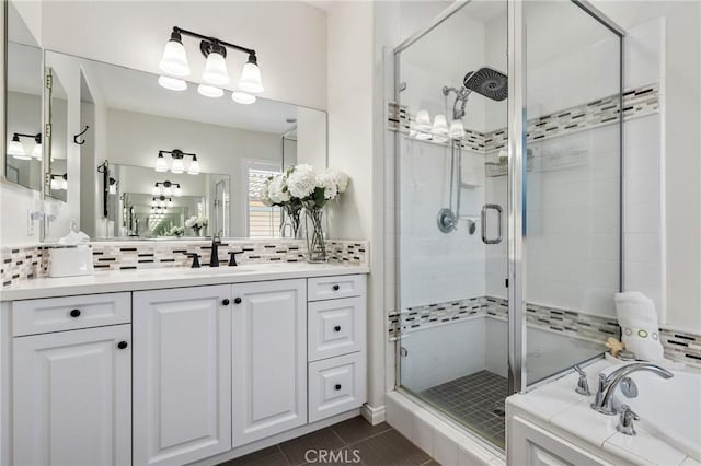 410 N Tapia Ln, Brea, CA 92821 - bathroom with a stall shower, a bath, backsplash, vanity, and tile patterned flooring