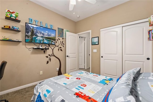 410 N Tapia Ln, Brea, CA 92821 - bedroom with carpet floors, a closet, baseboards, and ceiling fan
