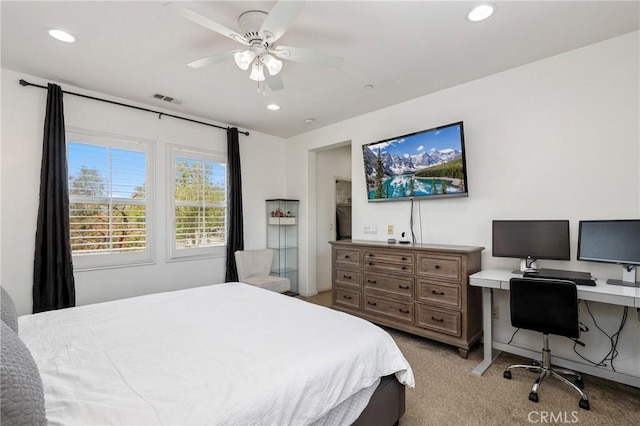 410 N Tapia Ln, Brea, CA 92821 - bedroom featuring light carpet, recessed lighting, an office area, ceiling fan, and baseboards