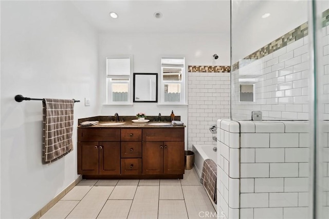 3549 S Cochran Ave, Los Angeles, CA 90016 - bathroom featuring tile patterned floors, double vanity, baseboards, and recessed lighting