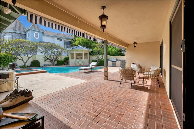 1931 El Sereno Ave, Arcadia, CA 91007 - view of swimming pool with an in-ground hot tub, a patio area, a fenced backyard, and exterior kitchen