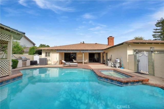 1931 El Sereno Ave, Arcadia, CA 91007 - view of swimming pool featuring central AC unit, a patio, a pool with connected hot tub, and a grill