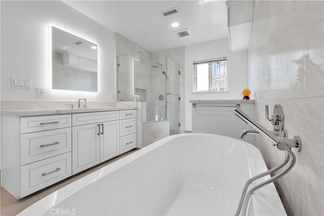 1931 El Sereno Ave, Arcadia, CA 91007 - bathroom featuring a stall shower, vanity, and a freestanding bath