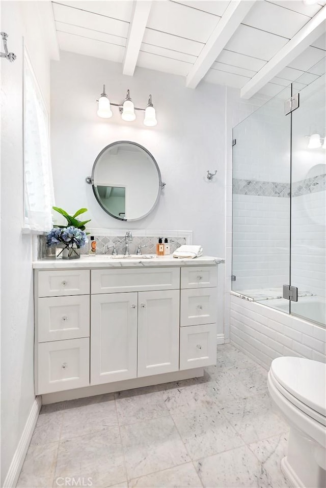 802 Rembrandt Dr, Laguna Beach, CA 92651 - full bathroom featuring beam ceiling, toilet, tiled shower / bath combo, vanity, and baseboards