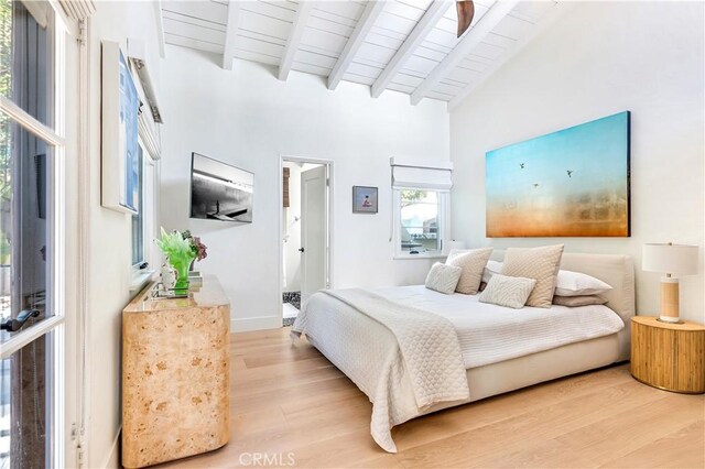 802 Rembrandt Dr, Laguna Beach, CA 92651 - bedroom with light wood-style floors, wooden ceiling with exposed beams, high vaulted ceiling, and baseboards