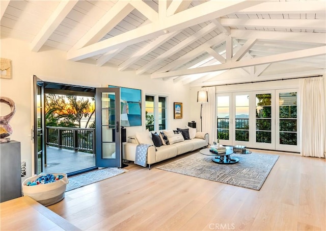 802 Rembrandt Dr, Laguna Beach, CA 92651 - living room with french doors, wood finished floors, and wood ceiling