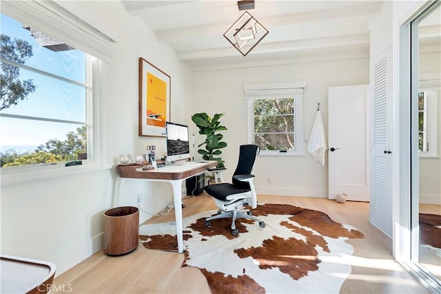 802 Rembrandt Dr, Laguna Beach, CA 92651 - office area with wood finished floors, baseboards, and beam ceiling