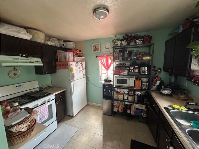 1212 E 54th St, Los Angeles, CA 90011 - kitchen featuring under cabinet range hood, white appliances, a sink, and light countertops