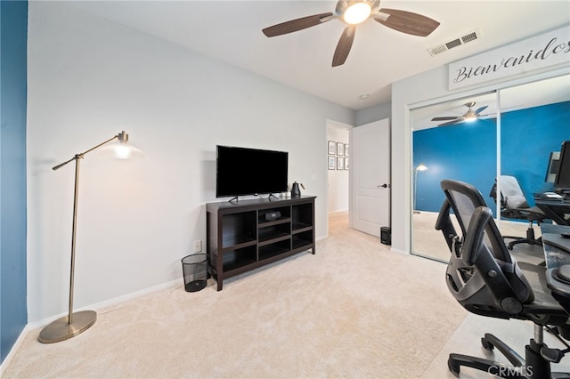 16741 Tim Ln, Van Nuys, CA 91406 - home office featuring a ceiling fan, carpet floors, and baseboards