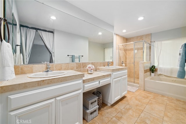 16741 Tim Ln, Van Nuys, CA 91406 - full bathroom with double vanity, a shower stall, a bath, recessed lighting, and tile patterned flooring