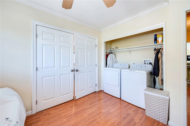1200 N Cypress St, La Habra Heights, CA 90631 - laundry area featuring separate washer and dryer, crown molding, light wood-style flooring, ceiling fan, and baseboards