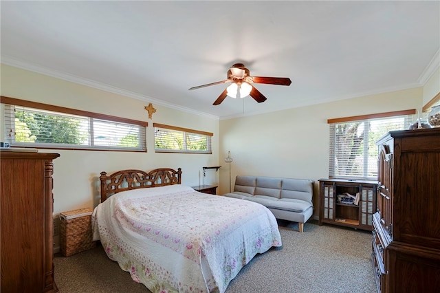 1200 N Cypress St, La Habra Heights, CA 90631 - bedroom with multiple windows, carpet floors, ornamental molding, and ceiling fan