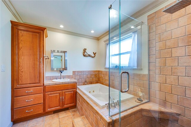 1200 N Cypress St, La Habra Heights, CA 90631 - bathroom featuring crown molding, a whirlpool tub, vanity, a stall shower, and tile patterned floors