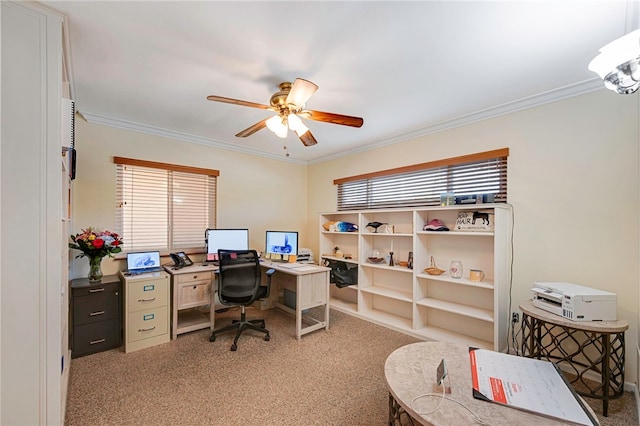 1200 N Cypress St, La Habra Heights, CA 90631 - office area featuring a ceiling fan, light colored carpet, and ornamental molding