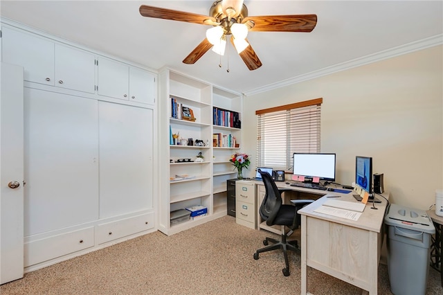 1200 N Cypress St, La Habra Heights, CA 90631 - office space featuring light colored carpet, a ceiling fan, and ornamental molding
