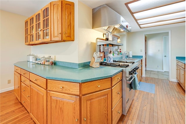 1200 N Cypress St, La Habra Heights, CA 90631 - kitchen with exhaust hood, high end stainless steel range oven, light wood finished floors, a sink, and glass insert cabinets