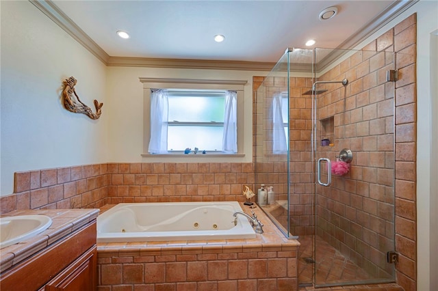 1200 N Cypress St, La Habra Heights, CA 90631 - full bathroom with a whirlpool tub, a shower stall, vanity, crown molding, and recessed lighting