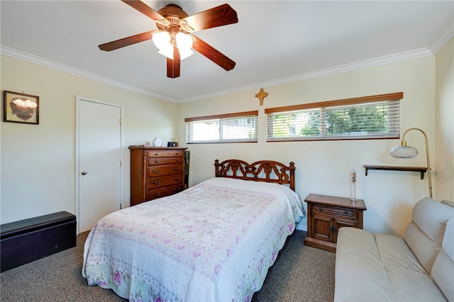 1200 N Cypress St, La Habra Heights, CA 90631 - bedroom with carpet flooring, ornamental molding, and a ceiling fan