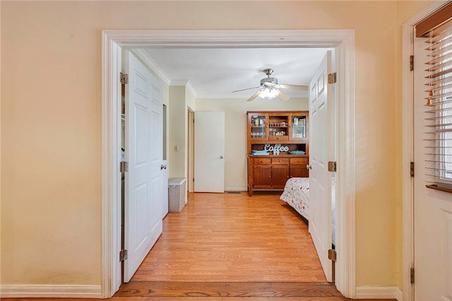1200 N Cypress St, La Habra Heights, CA 90631 - hall with light wood finished floors, ornamental molding, and baseboards