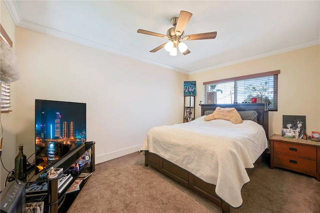 1200 N Cypress St, La Habra Heights, CA 90631 - bedroom with carpet floors, ornamental molding, a ceiling fan, and baseboards
